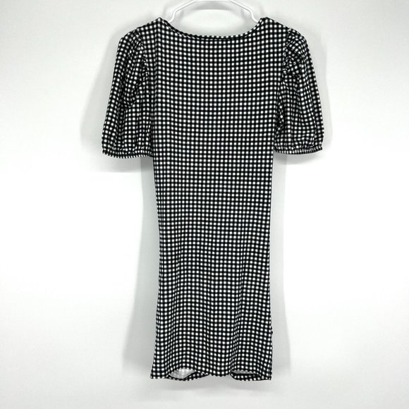 Forever 21 Dress Black White Gingham Ruched Mini Short Sleeve VNeck - Picture 9 of 12